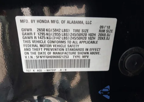 2019 Honda Pilot Touring z USA, uszkodzony, nr VIN 5FNYF6H69KB021253